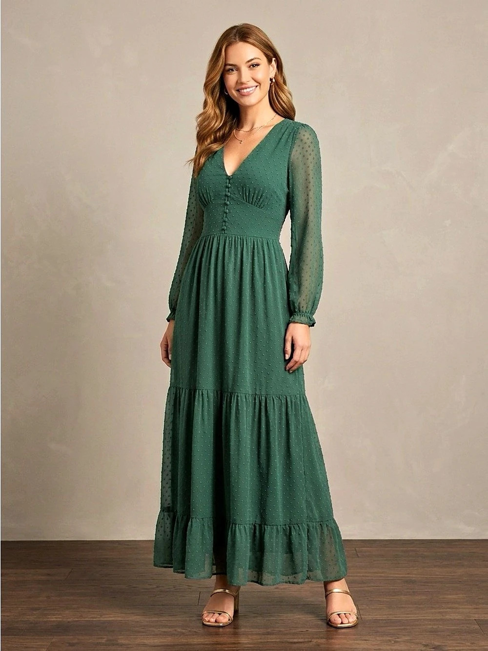 Patrons of Peace Evergreen Swiss Dot Button Down Maxi Dress